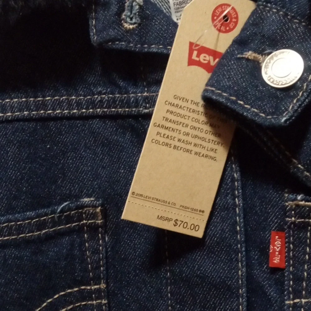 LEVI'S DARK BLUE FUR COLLAR CROP DENIM BUTTON UP JACKET SIZE JUNIORS XL NWT - Picture 3 of 6